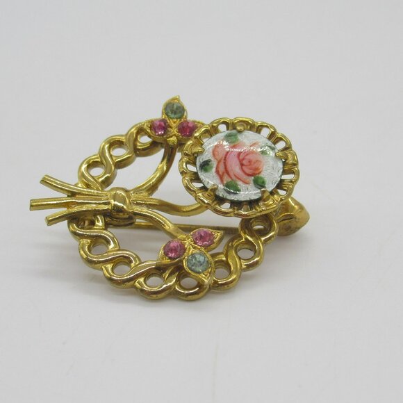 Vintage Guilloche Enamel Rose Pink & Blue Rhinestones Floral Brooch - Picture 2 of 6